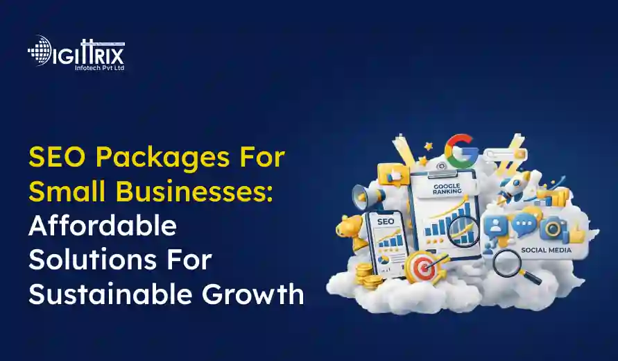 SEO packages for small businesses promote affordable solutions and sustainable growth, featuring digital marketing and social media icons.