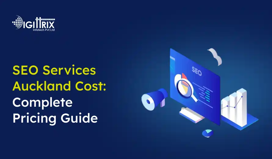 SEO Services Auckland Cost: Complete Pricing Guide. Title in yellow text on dark blue background, featuring SEO-related icons like a magnifying glass and bar charts.