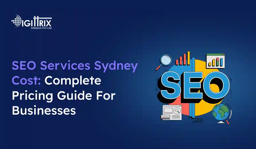 SEO Services Sydney Cost guide cover features the text and SEO-themed icons, including a magnifying glass, bar chart, and globe, on a blue background.
