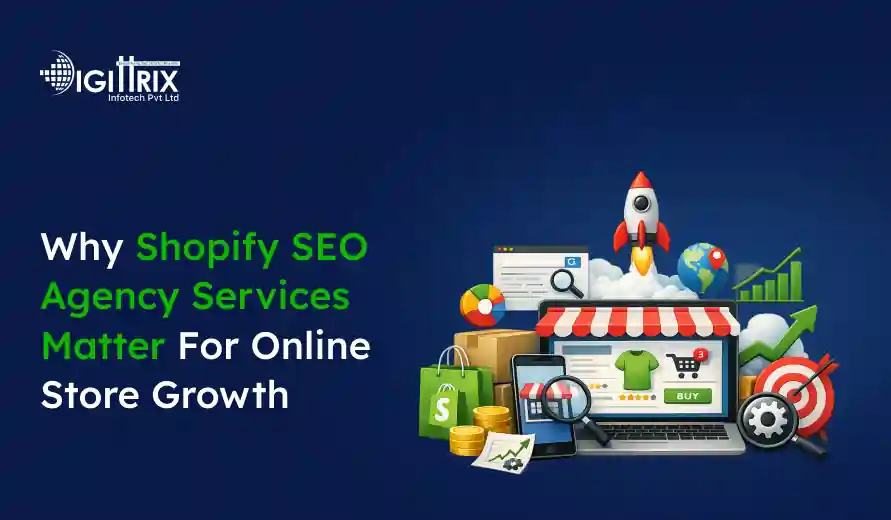 Image of online store growth elements, including a laptop with a shopping site, rocket launch, shopping bags, coins, and growth charts on a blue background.