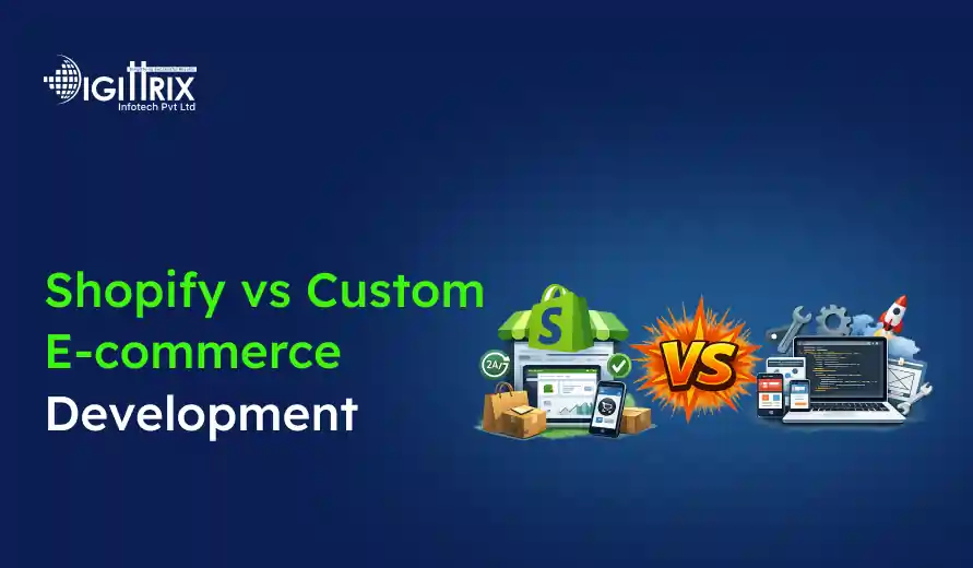 Graphic comparing Shopify vs. Custom E-commerce Development. Shopify logo with shopping icons on the left, computer and tools on the right, with VS in between.