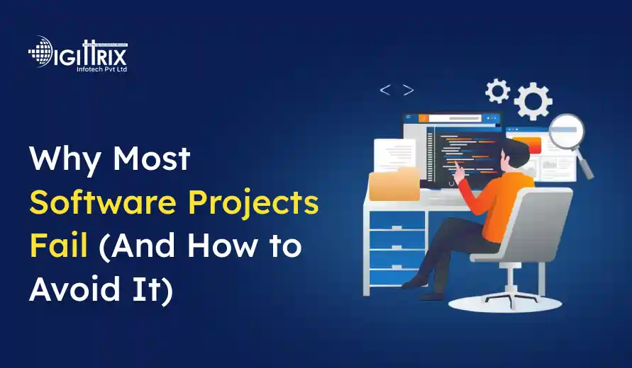 Image of a person at a desk with computer screens showing code and gear icons. Text reads Why Most Software Projects Fail (And How to Avoid It). The background is dark blue. The tone is informative and analytical.
