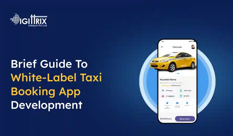 A blue background with the text Brief Guide to White-Label Taxi Booking App Development beside a smartphone displaying a taxi app interface with a yellow car image.