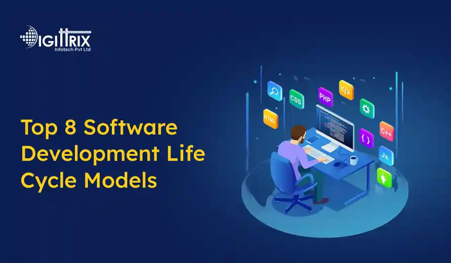 A person at a desk with dual monitors works on software. Surrounding icons depict languages like HTML, CSS, and PHP. Text: Top 8 Software Development Life Cycle Models.