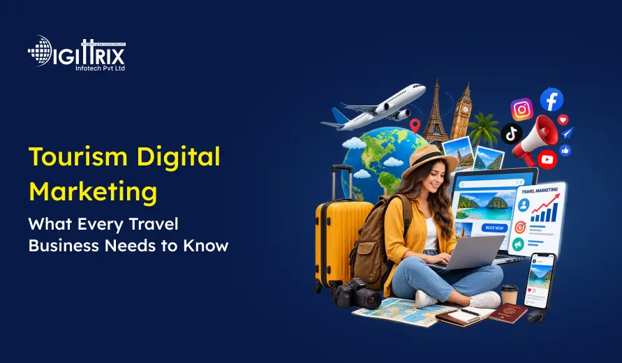 A woman with travel gear uses a laptop surrounded by travel icons, landmarks, social media, and digital marketing elements for tourism promotion.