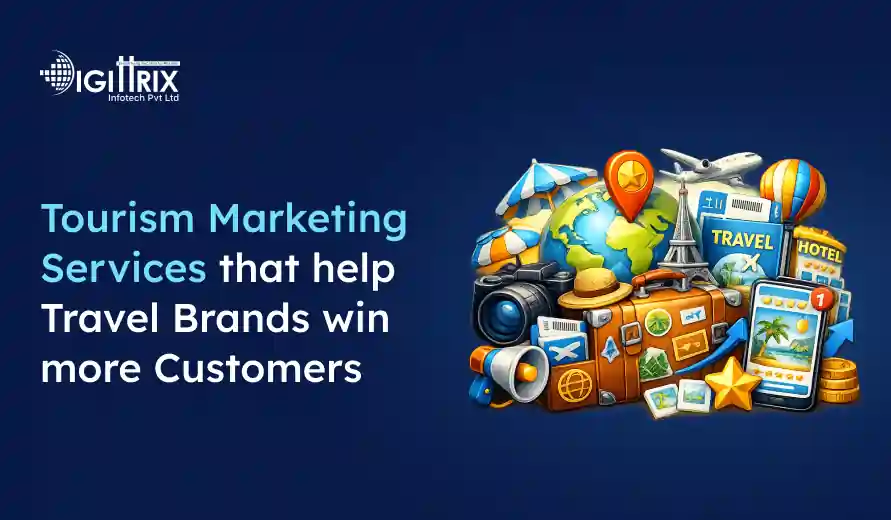 tourism marketing services by Digitrix Infotech with travel icons like globe, suitcase, camera, plane, hotel, and smartphone for travel brands.