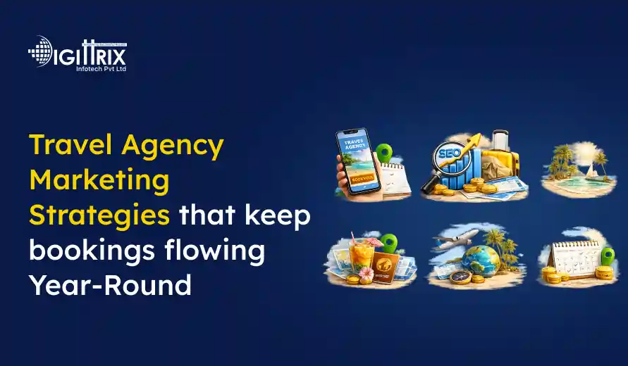 Travel agency marketing strategies to keep bookings flowing year-round with icons of SEO, bookings, travel, and tropical destinations on a blue background.
