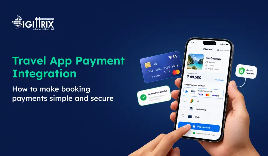 Navy travel app payment integration banner: hands hold a phone showing booking and payment options, with floating card and secure-payment icons.