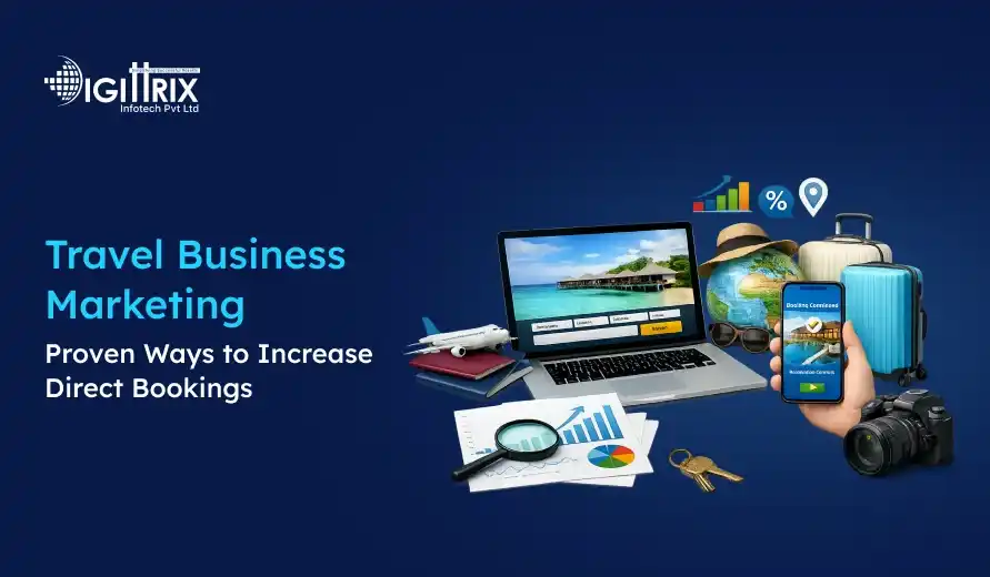 Travel business marketing concept with laptop, smartphone showing booking, globe, suitcase, camera, and travel documents on blue background.