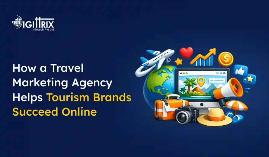 Marketing graphic showing travel icons like airplane, globe, camera, and megaphone with text on helping tourism brands succeed online.