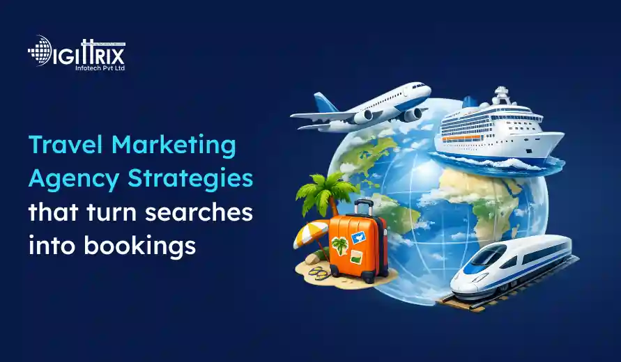 Travel marketing agency strategies text with globe, airplane, cruise ship, train, suitcase, and palm tree on dark blue background.