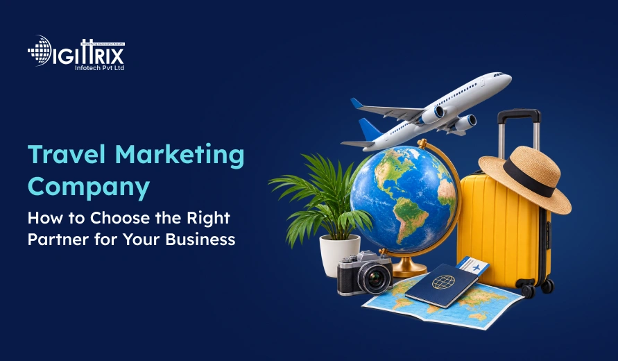 Travel marketing company advertisement with travel icons, globe, airplane, suitcase, passport, map, camera, and hat on a blue background.