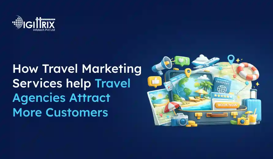 Graphic showing travel marketing theme with suitcase, globe, passport, camera, and travel icons alongside text about attracting customers to travel agencies.