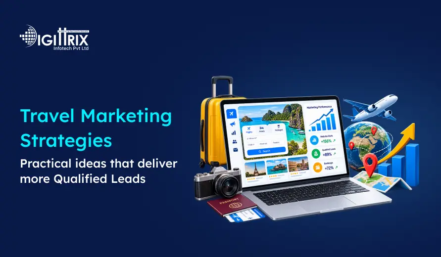 Travel marketing strategies with a laptop showing travel booking, suitcase, camera, passport, airplane, globe, and growth graph on a blue background.