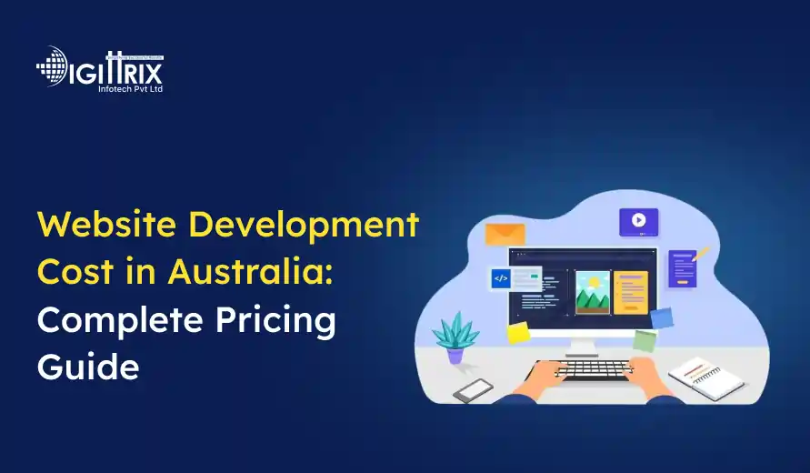 Blue graphic with the text Website Development Cost in Australia: Complete Pricing Guide. Features a desktop setup with a computer, code on the screen, a plant, and stationery, conveying a professional tech theme.