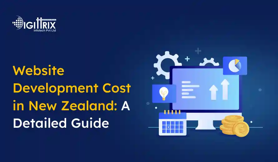 Blue graphic displaying the text Website Development Cost in New Zealand: A Detailed Guide with icons of a screen, gears, coins, and charts, suggesting analysis and technology.