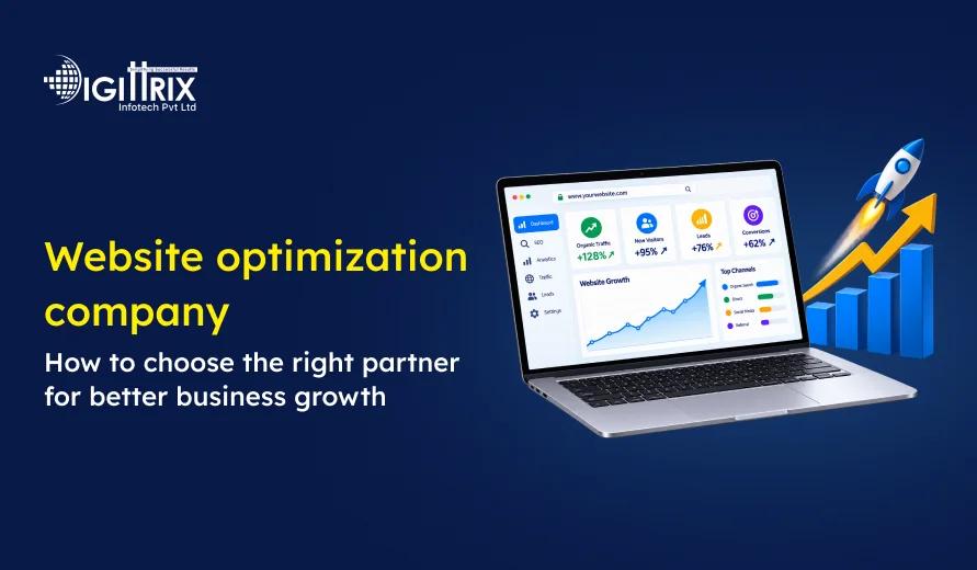  Website optimization company ad featuring a laptop displaying traffic and growth charts with a rocket and upward arrow symbolizing business growth.