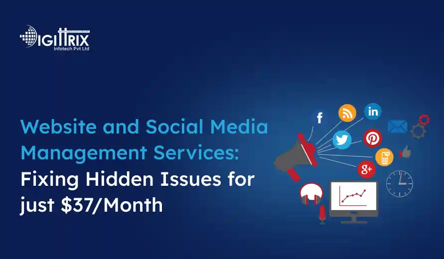 Blue background with text promoting website and social media management services for $37/month. Icons of social media platforms surround a megaphone.