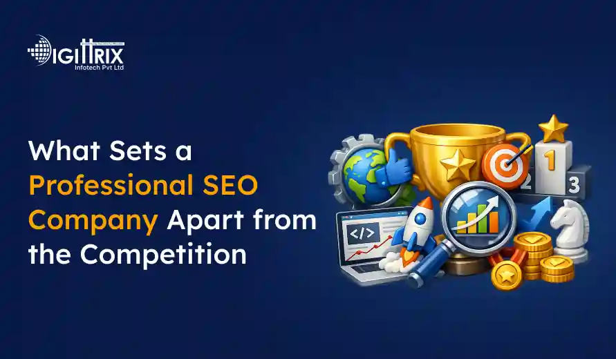 image showing text about what sets a professional SEO company apart, with icons of trophies, target, rocket, coins, and growth chart on a blue background.