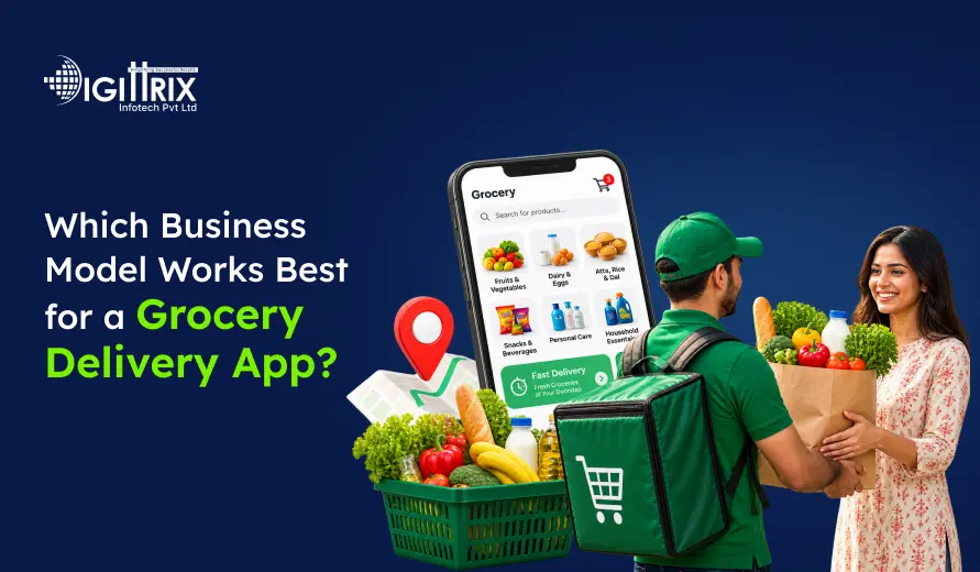 Smiling grocery delivery rider gives fresh produce to a customer beside a shopping basket and app phone; graphic asks which delivery model works best.