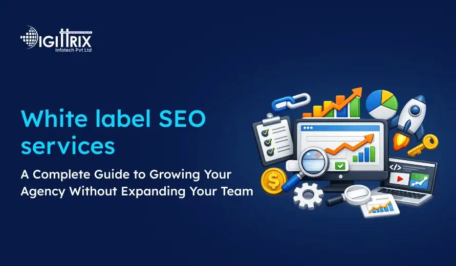 Promotional image for white label SEO services by Digittrix with growth charts, digital marketing icons, and a tagline about agency growth.