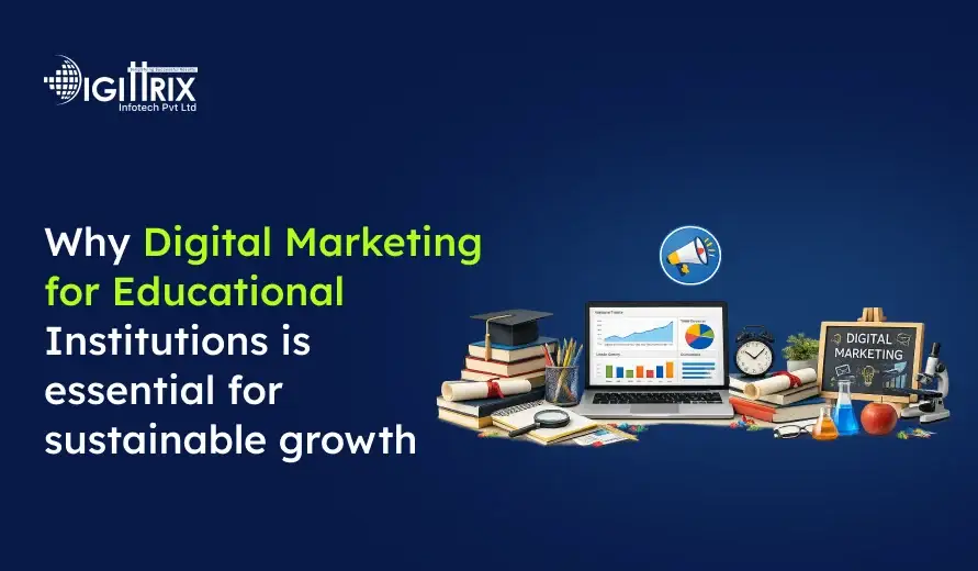 Image showing digital marketing's importance for educational institutions with books, a laptop, a chalkboard, and study items on a dark blue background.