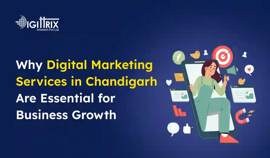 Text about the importance of digital marketing services in Chandigarh for business growth with a graphic of a person coming out of a smartphone surrounded by marketing icons.