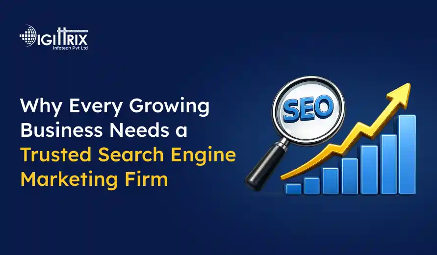 Image with text promoting the need for trusted search engine marketing firms for growing businesses, featuring SEO magnifying glass and upward graph.