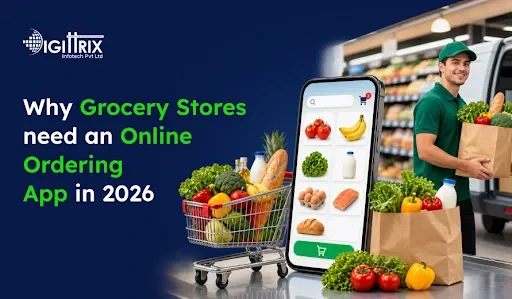 Promotional graphic asks why grocery stores need online ordering apps in 2026, showing a shopping cart, app phone, groceries, and smiling worker.