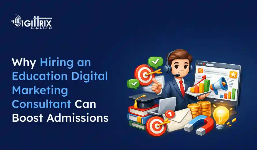 image showing a digital marketing consultant with education icons and charts, promoting boosting admissions through expert hiring.