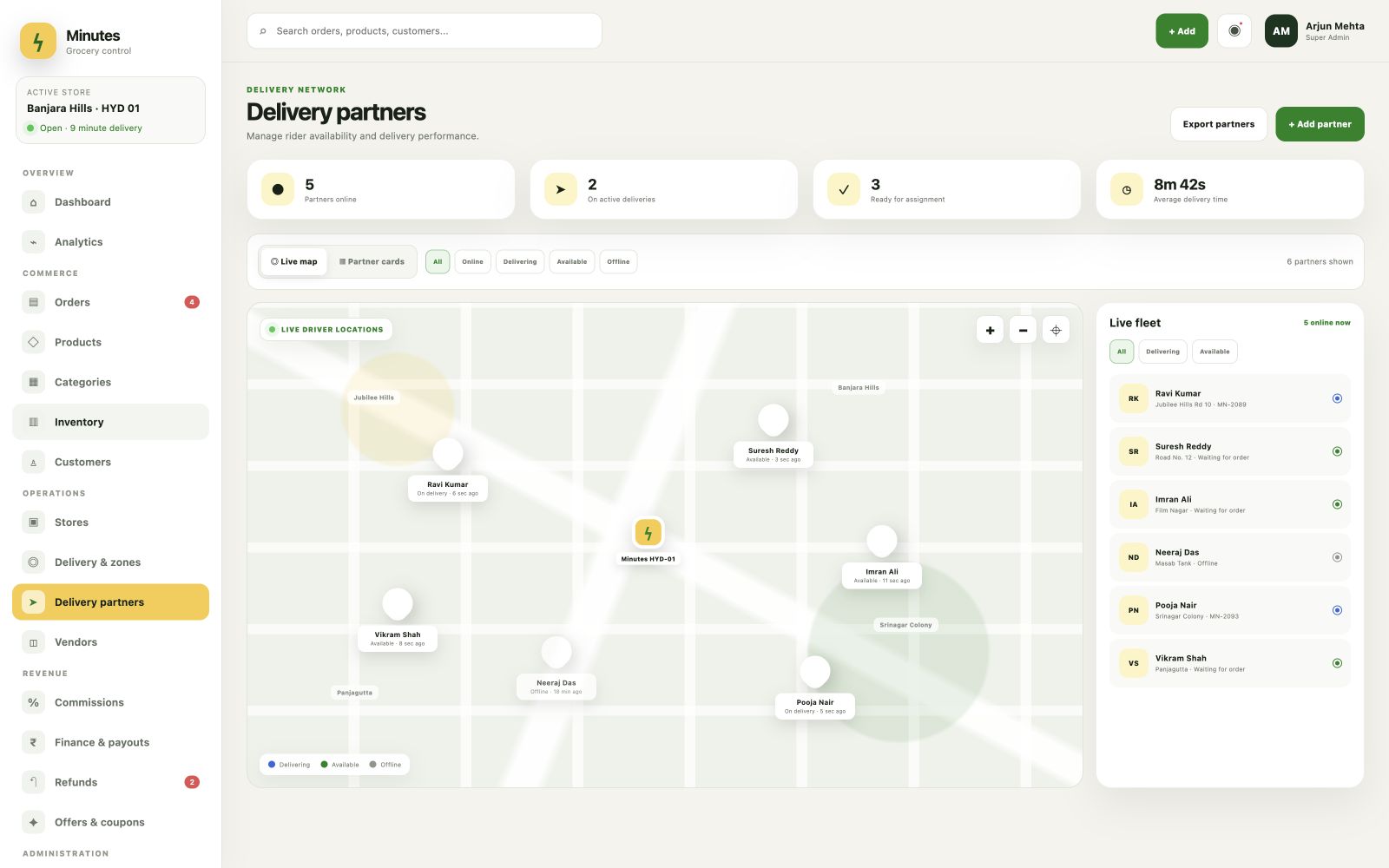 Minutes grocery admin live delivery partner map