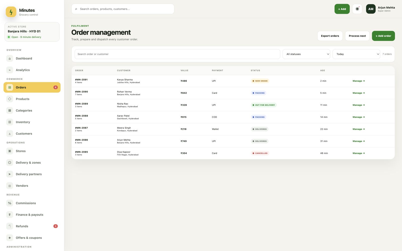 Minutes grocery admin order management screen