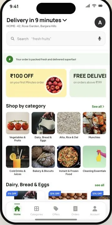 Sample-data grocery customer app prototype shown on a mobile device