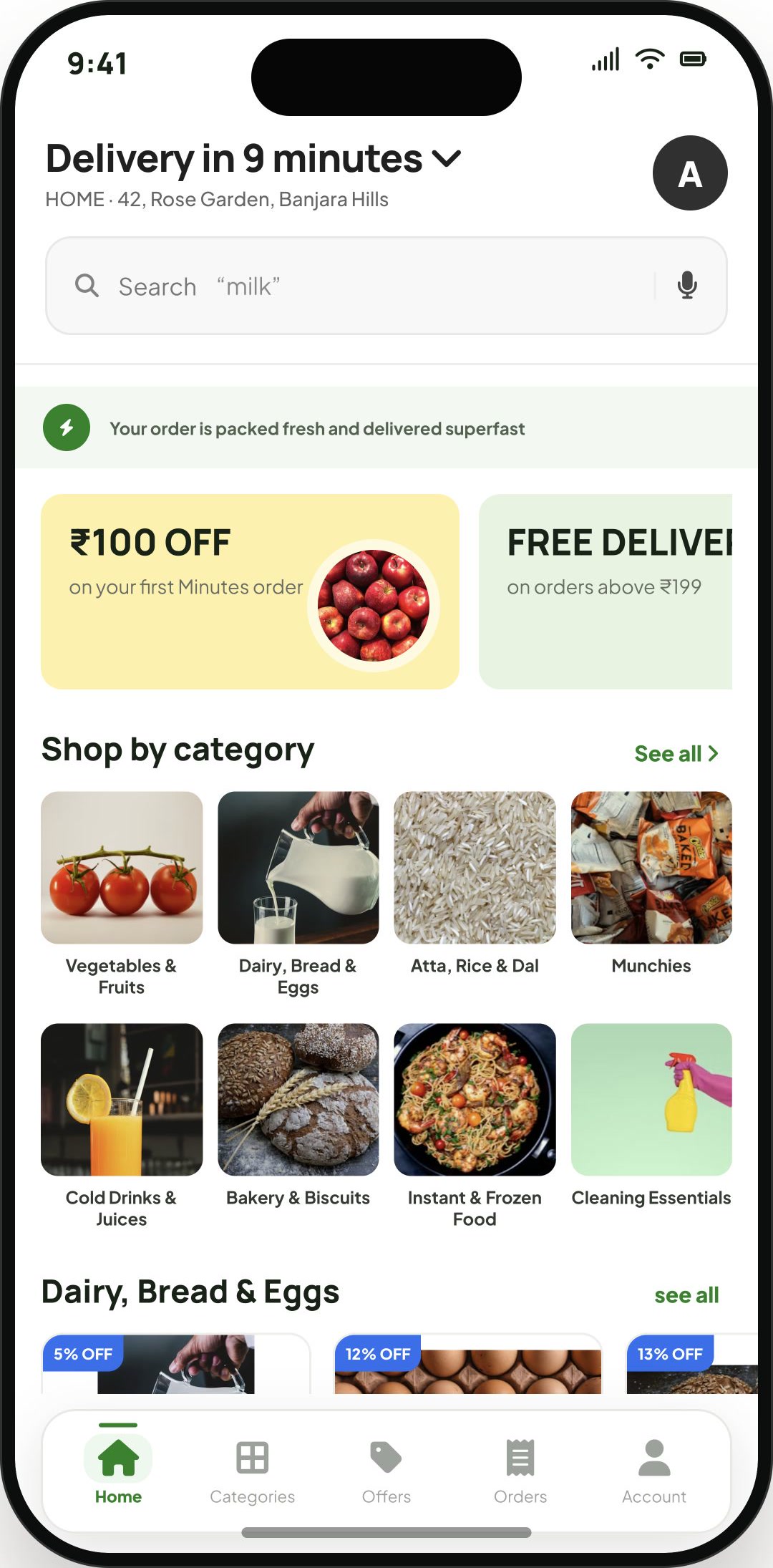 Minutes branded grocery delivery customer app home screen