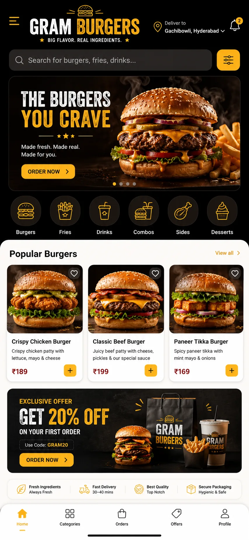 Restaurant customer ordering app for a burger brand