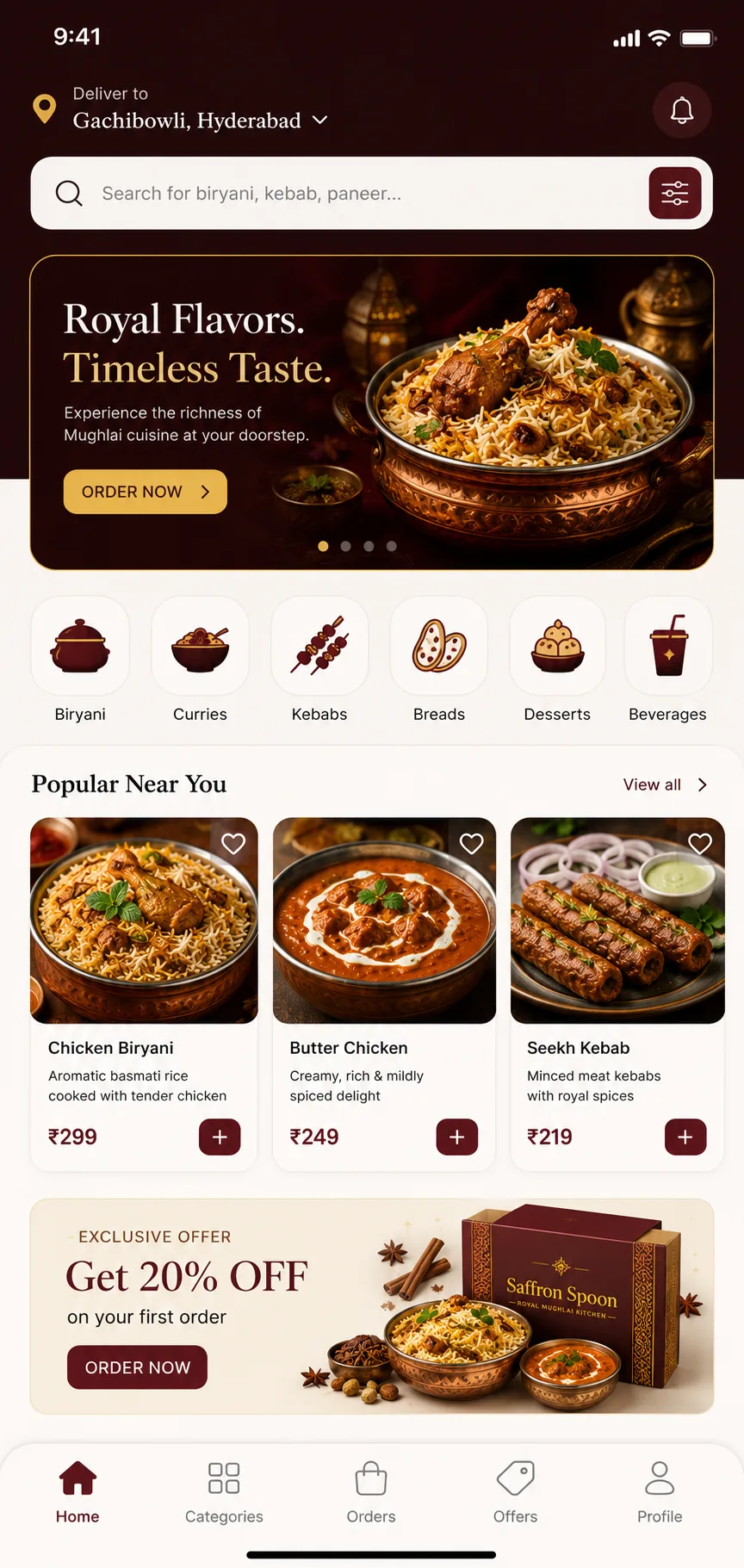 Restaurant customer ordering app for a Mughlai food brand