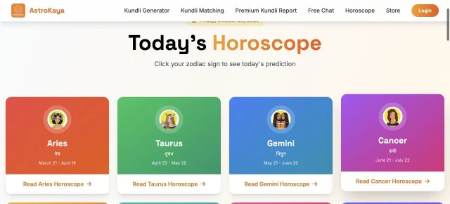 AstroKaya daily horoscope website with colourful zodiac selection cards