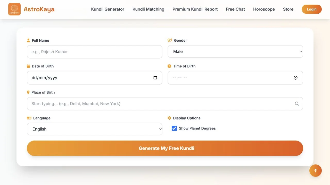 Actual AstroKaya Kundli generator showing its empty birth-details form and language options