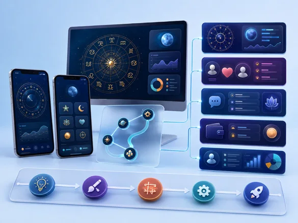 Premium astrology app planning visual showing connected mobile, web, data, and roadmap modules