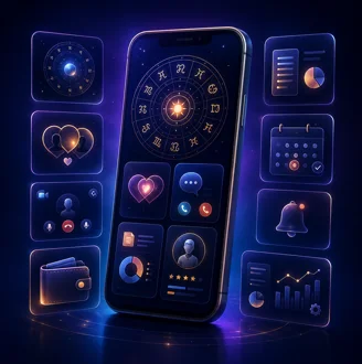 Premium astrology app dashboard visual with birth charts, horoscope insights, and consultation workflows