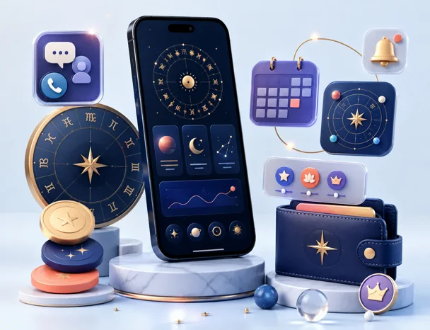 Premium astrology app monetization visual showing horoscope, consultations, subscriptions, and wallet workflows