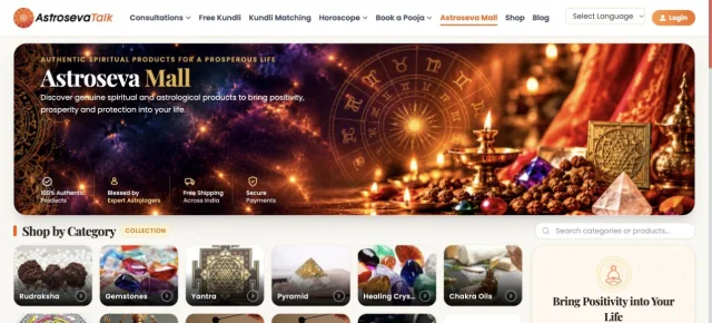 AstroSevaTalk spiritual storefront with product categories and navigation