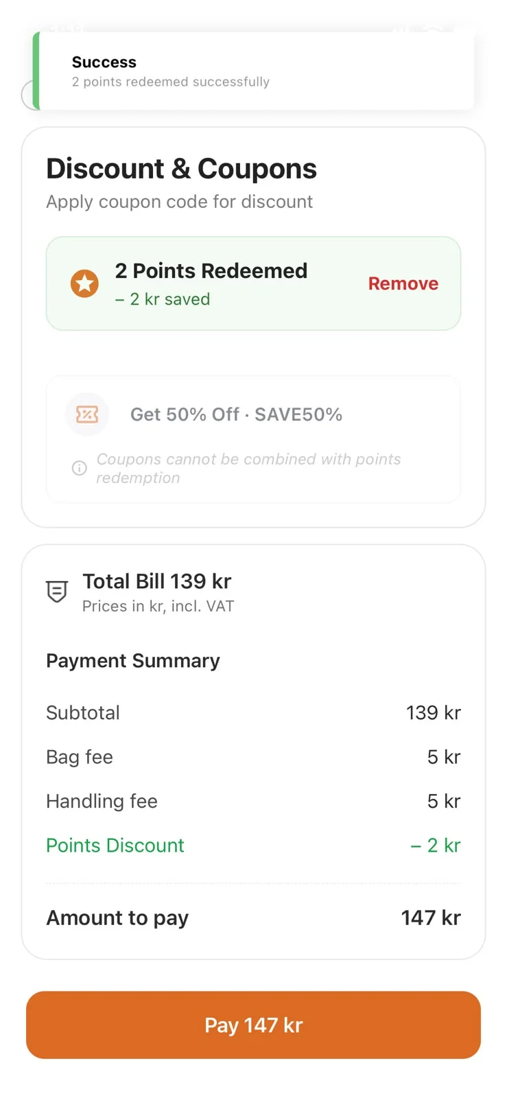 AuraDinings checkout with loyalty points redeemed, itemised fees and the amount to pay