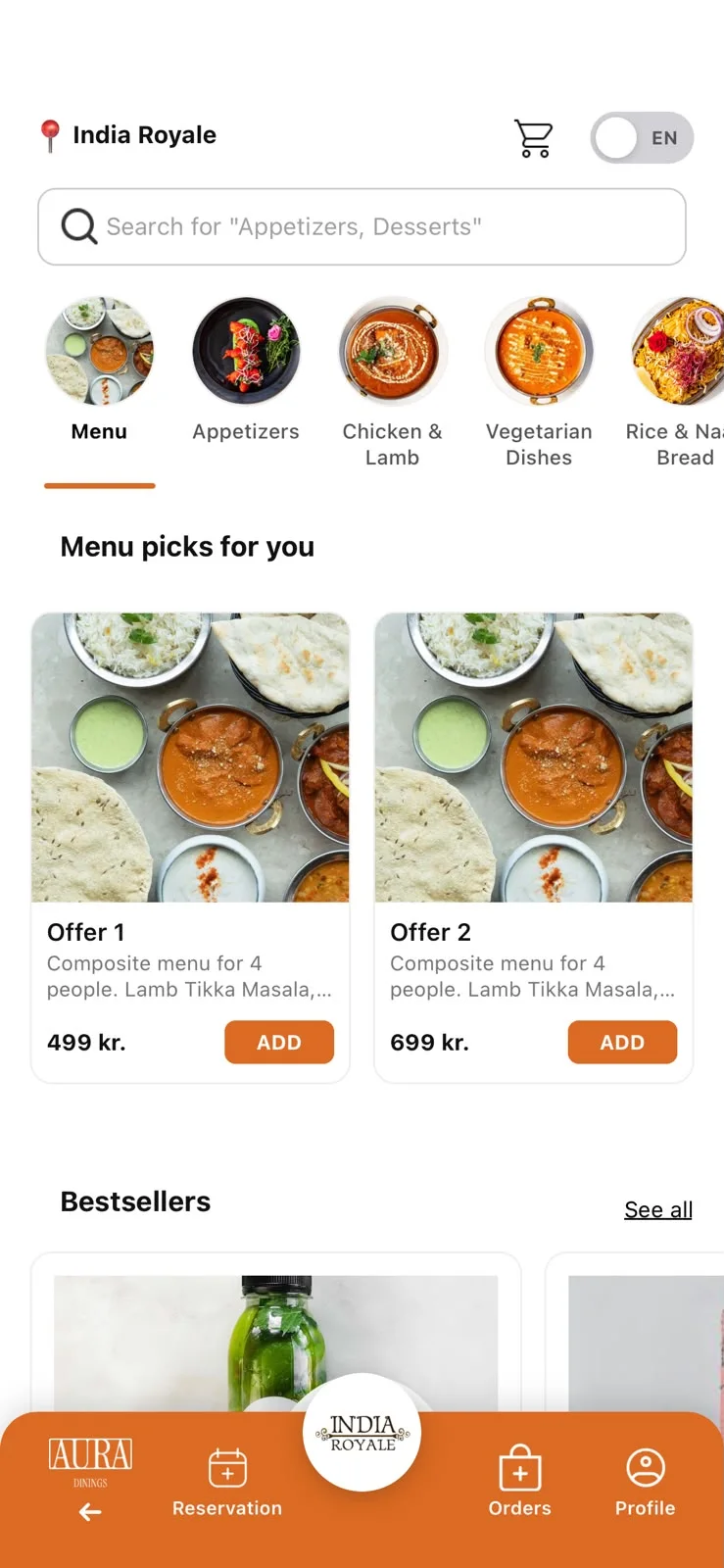 AuraDinings customer app showing the India Royale menu and food categories