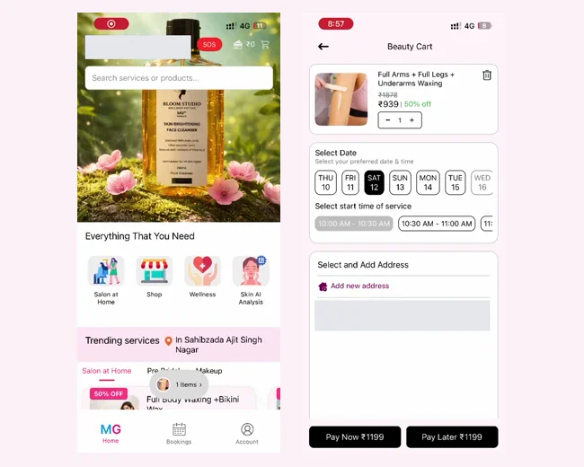 Actual MadamG customer-app home and appointment-selection screens; address hidden