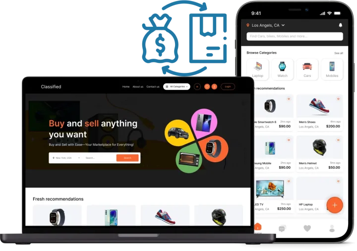 Classified marketplace website and mobile app screens