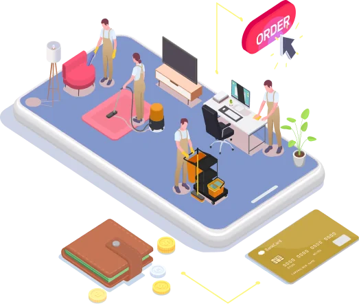 Illustration of a cleaning booking app and service team management