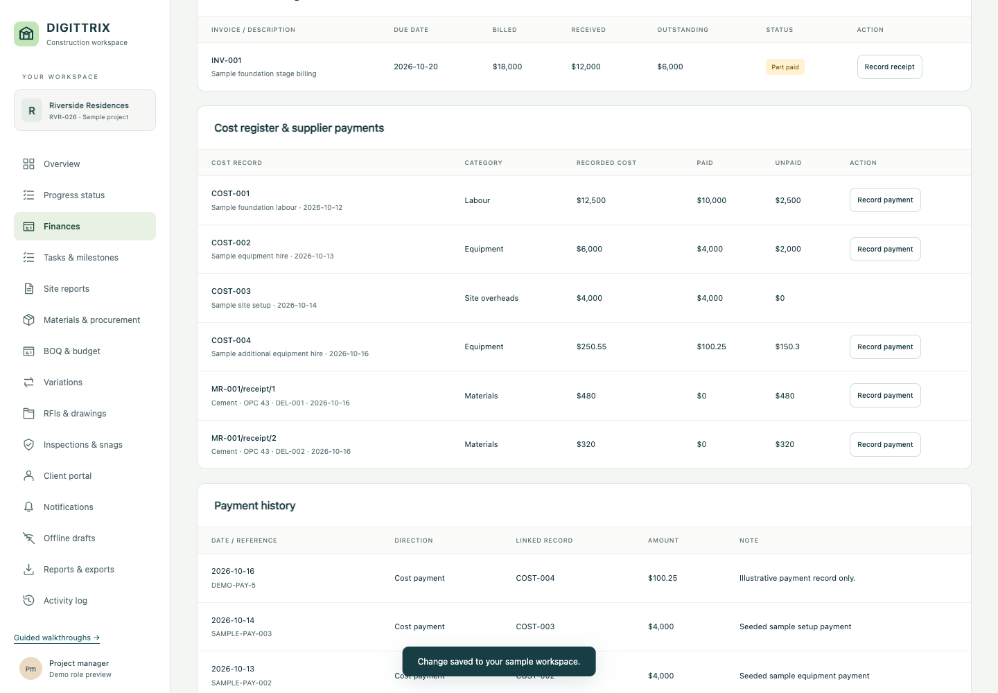 Actual prototype finance screen showing a fictional equipment cost of USD 250.55, a payment of USD 100.25 and an unpaid balance of USD 150.30.