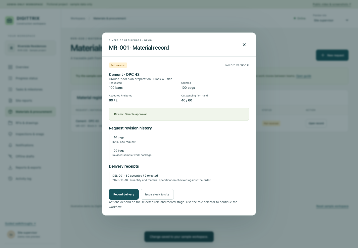 Actual prototype receipt record showing 100 bags ordered, 60 accepted, 2 rejected and 40 outstanding, with revision history from 120 to 100 bags.