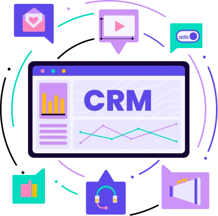CRM System illustration showing dashboard and various integrations